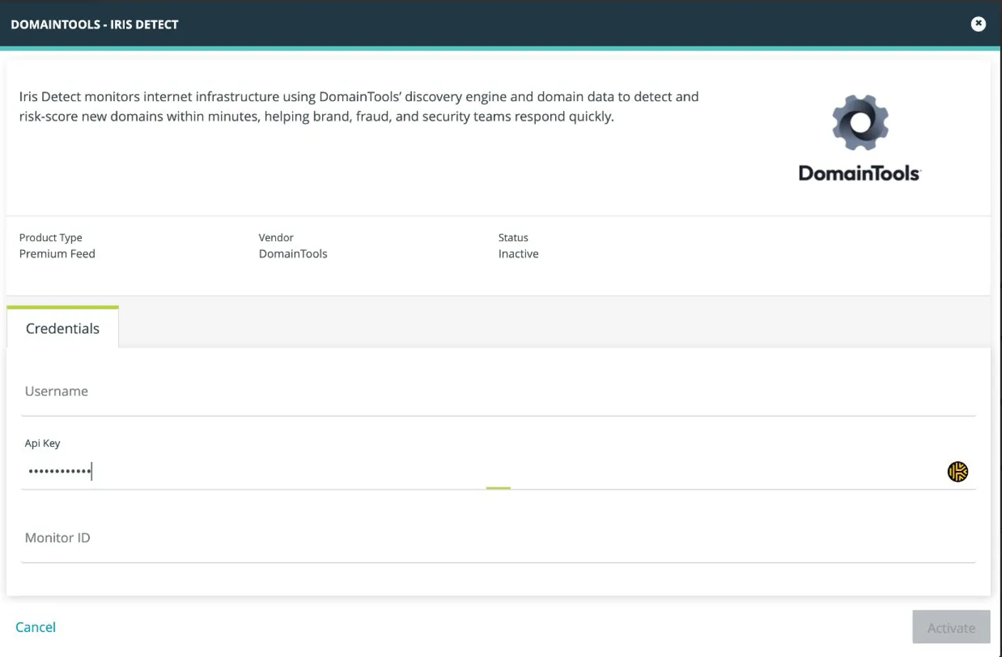 Iris Detect credentials modal in the ThreatStream App Store