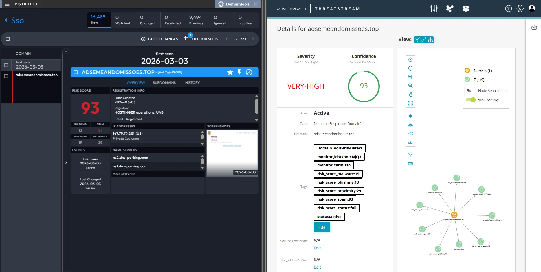 Iris Detect data mapped to an Anomali ThreatStream observable