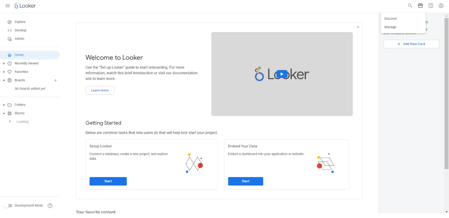 Looker Home page showing the Blocks section in the left sidebar