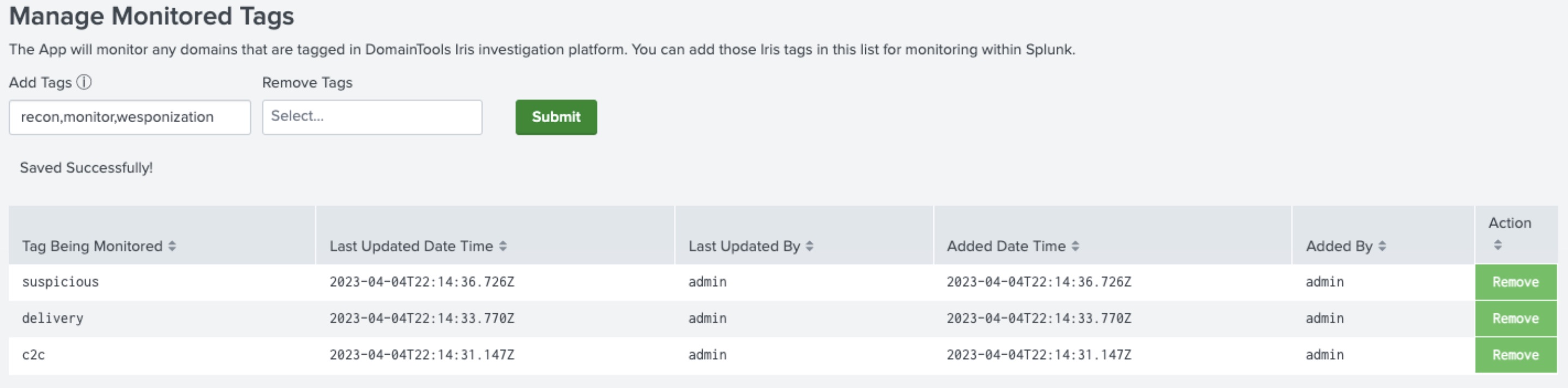 The Manage Monitored Tags page with examples of Tags being monitored