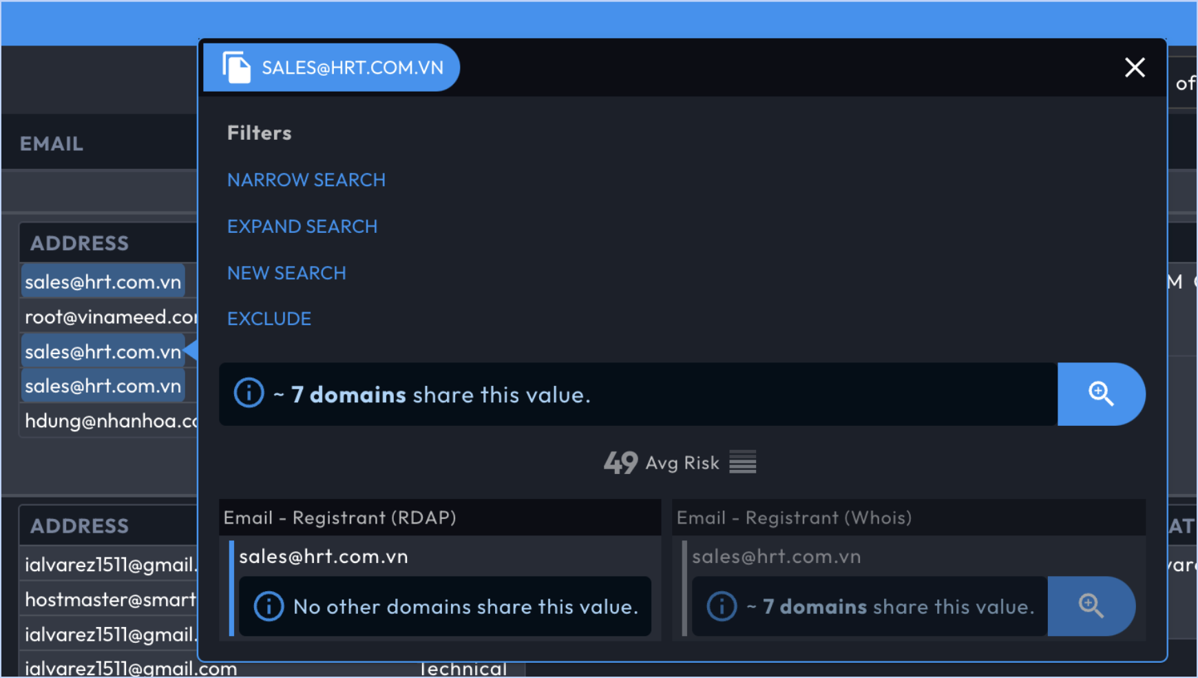 RDAP results appearing normally during a guided pivot, while WHOIS is de-emphasized