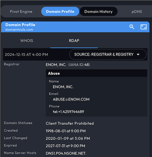 RDAP record displayed in Domain Profile